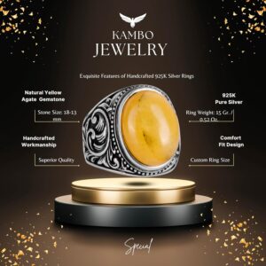 925 Ayar Katı Gümüş Yüzük - Doğal Sarı Akik Taşlı Yüzük, Tasarım Gümüş Erkek Yüzüğü - Görsel 2