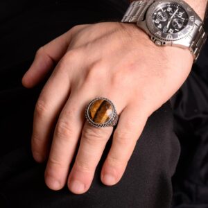 925 Ayar Gümüş Yüzük, Gerçek Doğal Malahit Taş Yüzük, Yuvarlak Erkek Yüzüğü - Görsel 5