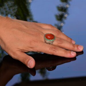El yapımı Doğal Kırmızı Mercan Yüzük | 925 Ayar Gümüş Erkek Yüzüğü - Görsel 6