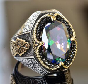 Erkekler için Yapay Mystic Topaz Taşlı, El Yapımı Gümüş Yüzük, 925 Ayar Gümüş Erkek Yüzük, Hediye İçin - Görsel 3