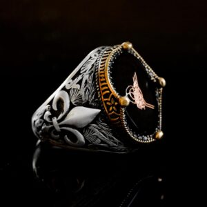 El Yapımı Siyah Oniks Taş Yüzük, 925 Ayar Gümüş Erkek Yüzüğü, Türk Tuğra Tasarımı - Görsel 3