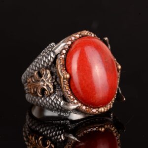 Gerçek Doğal Mercan Taşı Yüzük, Pençe Yüzük El Yapımı Yüzük, 925K Gümüş Yüzük Erkekler İçin - Görsel 3