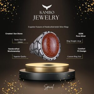 Erkekler için Lüks 925 Ayar Gümüş Üretilmiş Taş Yüzükler - Çeşitli Koleksiyon (Güneş Taşı Üretilmiş Taş) - Görsel 5