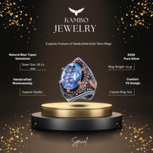 Gerçek Doğal Mavi Londra Topaz Taşlı Yüzük, Gümüş Erkek Kral Yüzüğü - Görsel 2