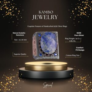 Gerçek Doğal Sodalit Taş Yüzük - 925 Ayar Gümüş İslami Yüzük - El Yapımı Hat Yüzük - Görsel 2