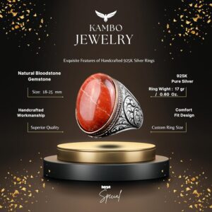 Gerçek Doğal Kan Taşı Yüzük, Büyük Yüzük, 925 Ayar Gümüş Yüzük - Görsel 2