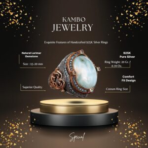 Gerçek Doğal Larimar Taşı Erkek Yüzük, Bizans Erkek Yüzüğü, 925 Ayar Gümüş Yüzük - Görsel 2