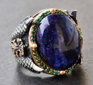 Doğal Cabochon Safir Taşlı Erkek Yüzüğü, 925 Ayar Gümüş Kartal Pençesi Tasarımı - Görsel 3