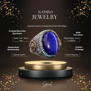 Sterling Gümüş Erkek Kral Yüzük - Yapay Mavi Göz Taşı - Görsel 2