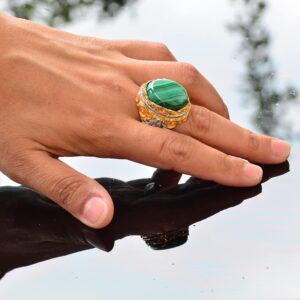Doğal Malakit Taşı, 925 Ayar Gümüş Büyük Yüzük, Malakit Yüzük, Altın Kaplama - Görsel 6