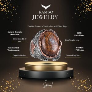 Doğal Bronzit Taş Yüzük, 925 Ayar Sert Gümüş Erkek Yüzüğü - Görsel 2