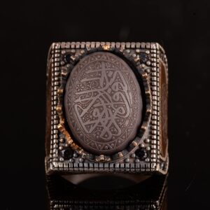 925 Ayar Gümüş Erkek Yüzük, Hematit Taşı, Vintage İslami Tasarım, Oyma Arapça Hat Yazısı - Görsel 5