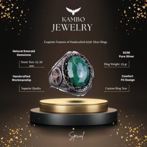 925 Ayar Katı Gümüş Erkek Yüzük Doğal Zümrüt Taşı ile - El Yapımı Zarafet - Görsel 2