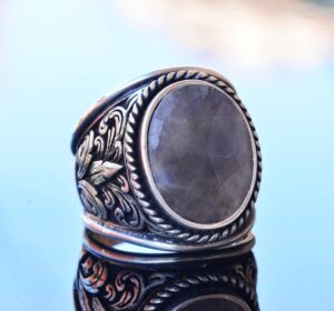 El Yapımı Doğal Safir Taşlı Yüzük, Fleur-de-Lis Tasarımlı Sterlin Gümüş Erkek Yüzüğü - Bilgelik ve Asalet Sembolü - Görsel 5