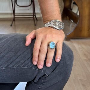 Yapay Taş Yüzük - El Yapımı Erkek Yüzüğü - Şık 925 Ayar Gümüş Erkek Yüzüğü (Yapılan Açık Mavi Paraiba) - Görsel 3