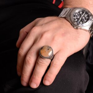 925 Ayar Gümüş Yüzük, Gerçek Doğal Malahit Taş Yüzük, Yuvarlak Erkek Yüzüğü - Görsel 6