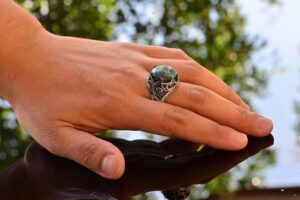 Gerçek Arizona Turkuaz Taş Yüzük, 925 Ayar Gümüş Yaprak Yüzük, Mavi - Görsel 6