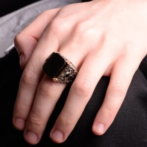 Gerçek Doğal Obsidyen Taş Yüzük, 925 Ayar Gümüş Erkek Yüzüğü - Görsel 6