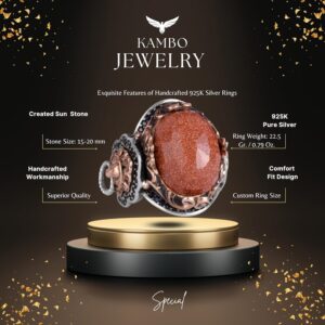 Kahverengi Güneş Taşı Yapay Taş Yüzük, 925K Gümüş Erkek Yüzük, Aslan Sembol Yüzüğü, Gümüş Modaya Uygun Erkek Yüzük - Görsel 2