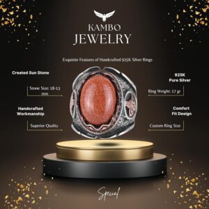 Kahverengi Güneş Taşı Yapay Taş Yüzük, 925 Ayar Gümüş Yüzük, Osmanlı Tuğra Gümüş Yüzük - Görsel 2