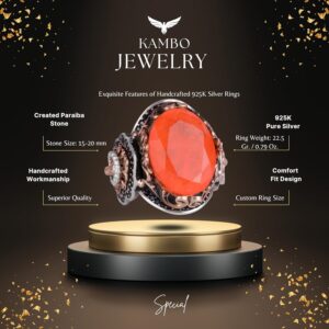 925 Ayar Gümüş Yüzük, Turuncu Paraiba Yapay Taş Yüzük, El Yapımı Aslan Başlı Erkek Yüzüğü - Görsel 2