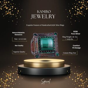 925 Ayar Gümüş Erkek Yüzük, Doğal Malakit Taşı ile - Lüks ve Farklı Tasarım (Malakit) - Görsel 2