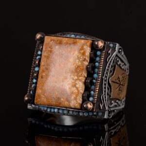 Gerçek Doğal Mercan Taşı Erkek Yüzük, 925 Ayar Gümüş Yüzük, El Yapımı Yüzük, İslami Yüzük - Görsel 3