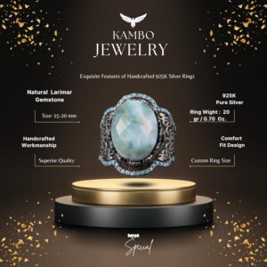 El Yapımı 925 Ayar Gümüş Erkek Yüzük - Doğal Taşlı Tasarım (Larimar) - Görsel 2