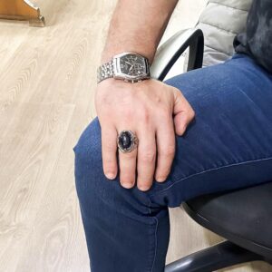 Mavi Güneş Taşı Yapay Taş Yüzük, 925 Ayar Gümüş Erkek Yüzüğü, Şık El Yapımı Gümüş Yüzük - Görsel 3