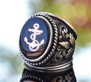 925 Ayar Gümüş Zambak Desenli Büyük Erkek Yüzüğü - Gemi Çapası Nautical Yüzük - Görsel 3