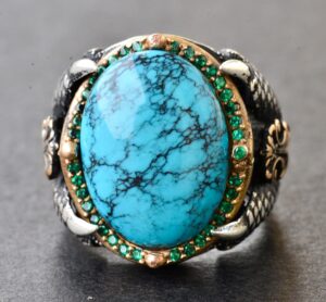 Erkekler için Gümüş Şahin Pençesi Yüzük - Doğal Turkuaz Taşı - Görsel 5