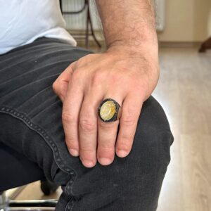 Davud Yıldızı Yüzüğü, Gerçek Doğal Cabochon Altın Rutilli Kuvars Taş Yüzüğü - 925K Katı Gümüş Erkek Yüzüğü - Görsel 3