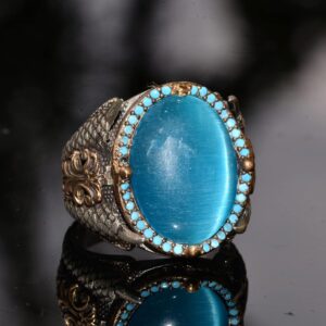 El Yapımı Şahin Pençesi Tasarım Yüzük, Oluşturulmuş Mavi Kedi Gözü Taşı - 925 Ayar Gümüş Erkek Takısı - Görsel 3