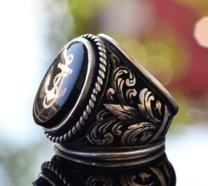 925 Ayar Gümüş Zambak Desenli Büyük Erkek Yüzüğü - Gemi Çapası Nautical Yüzük - Görsel 4