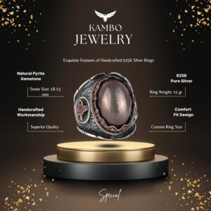 925 Ayar Katı Gümüş Erkek Yüzük, Gerçek Doğal Pirit Taşı Yüzük, Osmanlı Tugra Yüzüğü, Refah Manifestasyonu Tasarımı - Görsel 2