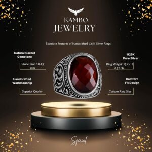 El Yapımı Granat Taşlı Yüzük - Derin 925K Katı Gümüş Erkek Yüzüğü - Görsel 2
