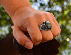 Gerçek Arizona Turkuaz Taş Yüzük, 925 Ayar Gümüş Yaprak Yüzük, Mavi - Görsel 7