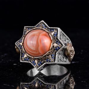 Sterling Gümüş Akik Taş Yüzük, Doğal Kırmızı Akik Erkek Yüzüğü, Vintage Yıldız Tasarımı - Görsel 4