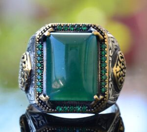 Doğal Yeşil Jade Taşı, Sterlin Gümüş Erkek Yüzük, Bizans İmparatorluğu Yüzüğü - Görsel 4