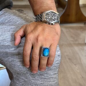 Gerçek Doğal Mavi Akik Taş Yüzük - 925 Ayar Gümüş İslami Yüzük - El Yapımı Hat Yüzük - Görsel 3