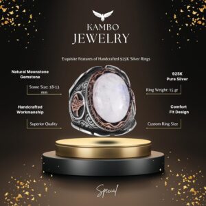 Doğal Ay Taşı Yüzük, 925 Ayar Katı Gümüş Erkek Yüzük - El Yapımı Şıklık - Görsel 2