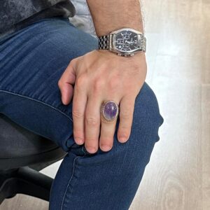 925 Ayar Katı Gümüş Erkek Yüzük, Doğal Ametist Taşlı Yüzük, Büyük Tasarım Gümüş Erkek Yüzük - Görsel 2
