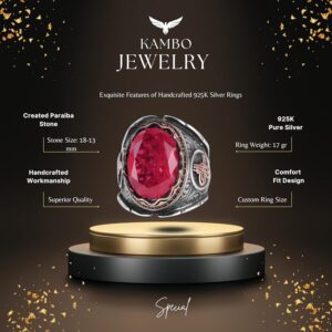 Kırmızı Paraiba Yapay Taş Yüzük, 925 Ayar Gümüş Yüzük, Osmanlı Gümüş Yüzük - Görsel 2