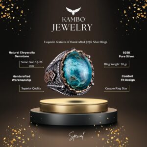 Gerçek Doğal Krysokolla Taşı Yüzük, 925 Ayar Katı Sterlin Gümüş Erkek Yüzüğü - Görsel 6