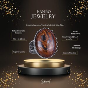 Gerçek Doğal Taş Yüzük - 925 Ayar Gümüş Büyük Yüzük - El Yapımı Yüzük (Bronzit) - Görsel 2