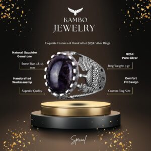 925 Ayar Katı Gümüş Erkek Yüzük, Taşlı Erkek Yüzük (Mavi Safir) - Görsel 2