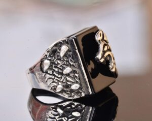 Doğal Obsidyen Taşlı Aslan Başlı Yüzük - Gümüş Erkek Yüzüğü - Görsel 4