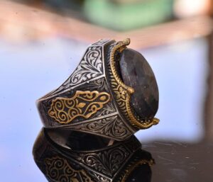 El Yapımı Vintage Tasarım Zümrüt Yüzük - 925 Ayar Gümüş Erkek Yüzük Altın Aksanlarla (Zümrüt) - Görsel 4