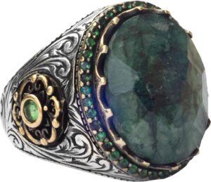 El Yapımı Gümüş Erkek Yüzük, Gerçek Doğal Taş Yüzük (Zümrüt)