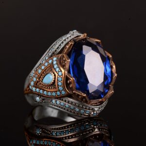 925 Ayar Gümüş Erkek Yüzük, Yapay Mavi Safir, Tarzı Türk Tasarımı - Görsel 4